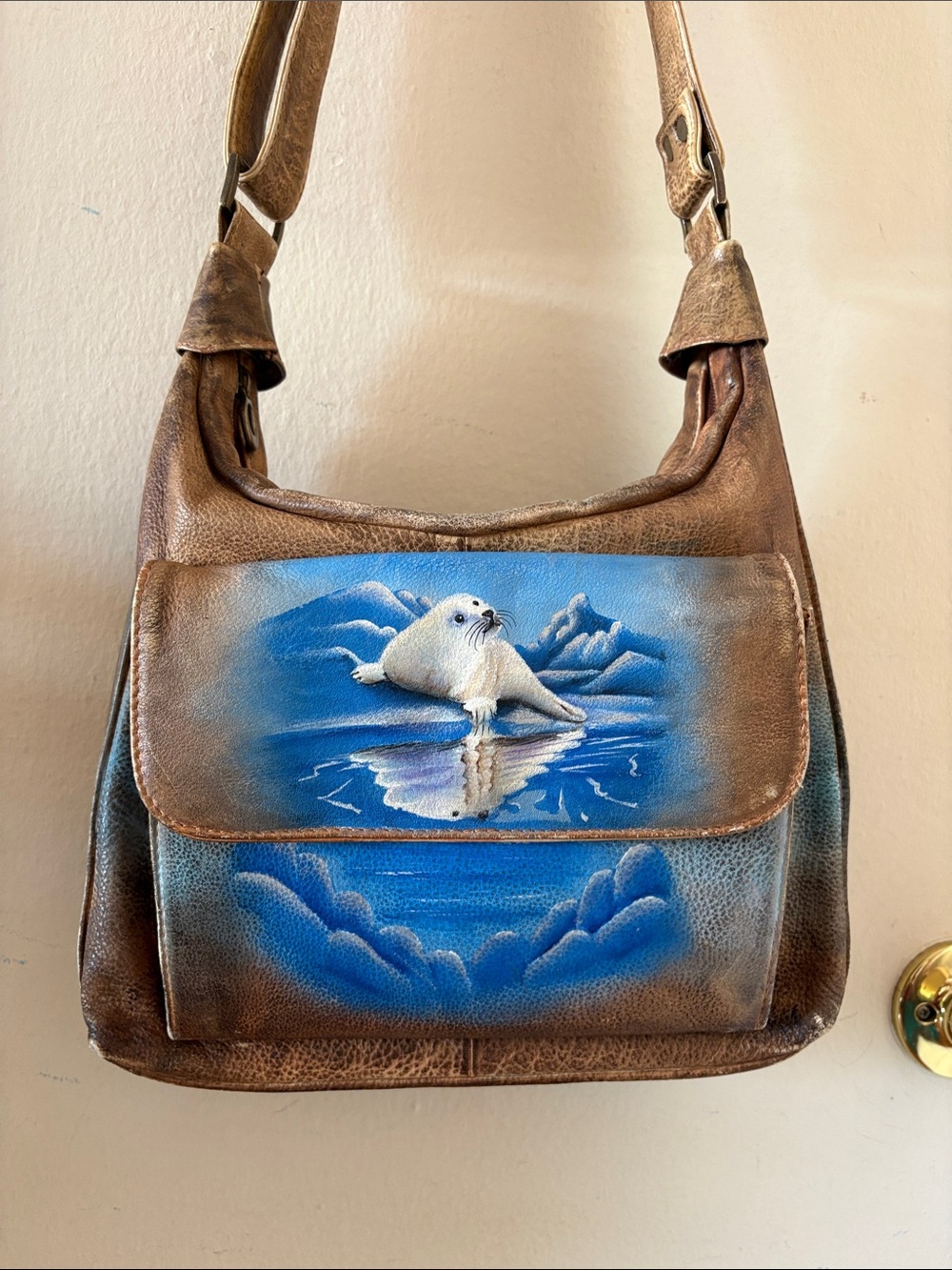 Hand-Painted Brown Leather Shoulder Bag with Blue Seal Motif